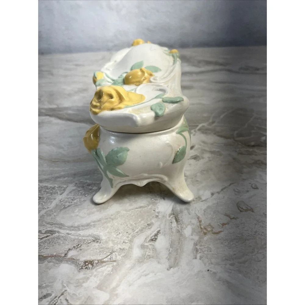 Antique Victorian Porcelain Yellow Rose Jewelry/Trinket Storage Box